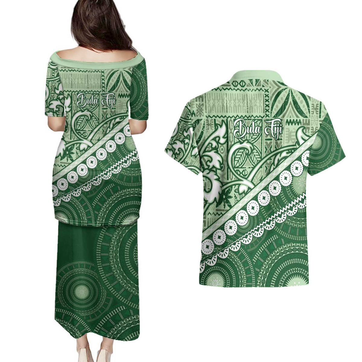 Green Bula Fiji Couples Matching Puletasi and Hawaiian Shirt Fijian Language Week Tapa Cloth - Pastel LT14 - Polynesian Pride