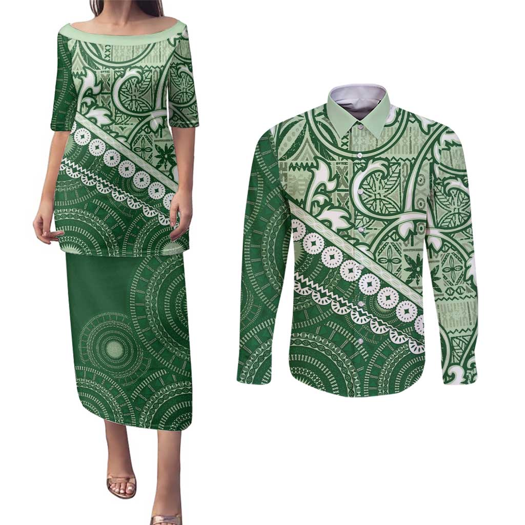Green Bula Fiji Couples Matching Puletasi and Long Sleeve Button Shirt Fijian Language Week Tapa Cloth - Pastel LT14 Green - Polynesian Pride