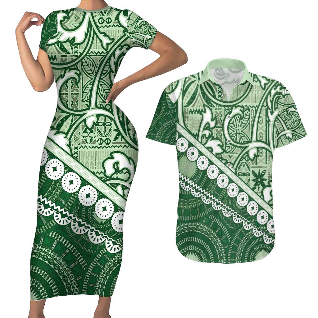 Green Bula Fiji Couples Matching Short Sleeve Bodycon Dress and Hawaiian Shirt Fijian Language Week Tapa Cloth - Pastel LT14 Green - Polynesian Pride
