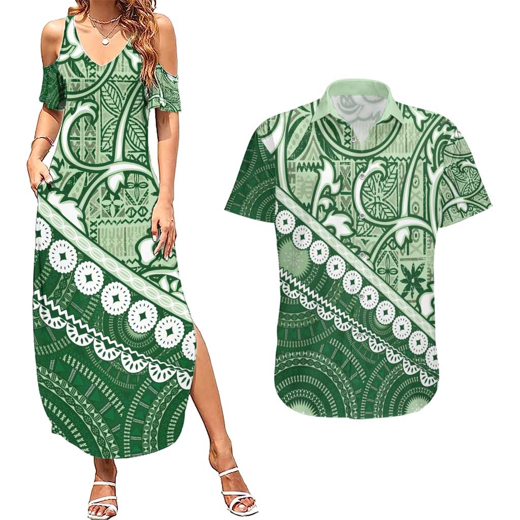 Green Bula Fiji Couples Matching Summer Maxi Dress and Hawaiian Shirt Fijian Language Week Tapa Cloth - Pastel LT14 Green - Polynesian Pride