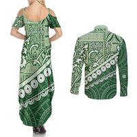Green Bula Fiji Couples Matching Summer Maxi Dress and Long Sleeve Button Shirt Fijian Language Week Tapa Cloth - Pastel LT14 - Polynesian Pride