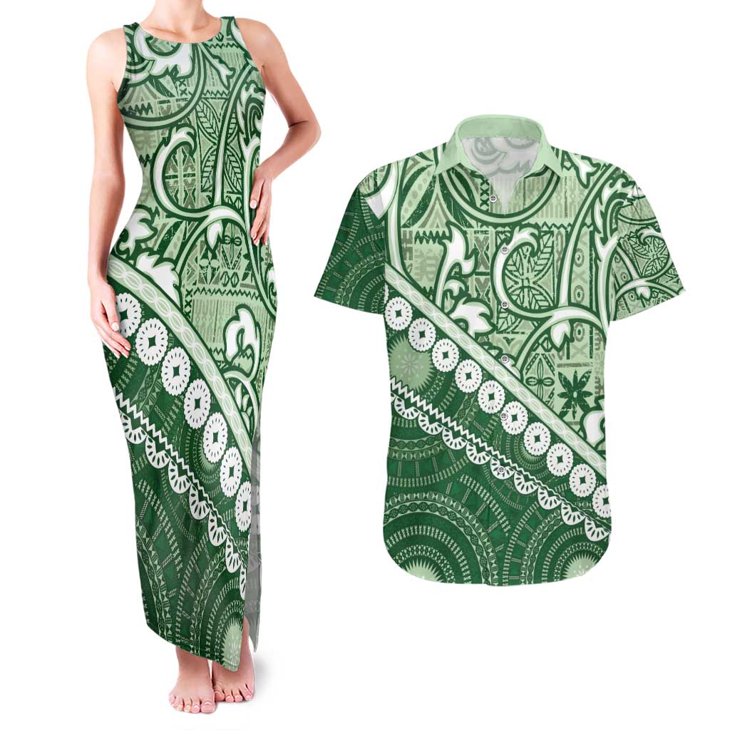 Green Bula Fiji Couples Matching Tank Maxi Dress and Hawaiian Shirt Fijian Language Week Tapa Cloth - Pastel LT14 Green - Polynesian Pride