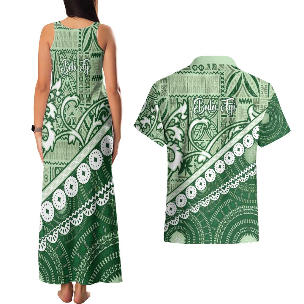 Green Bula Fiji Couples Matching Tank Maxi Dress and Hawaiian Shirt Fijian Language Week Tapa Cloth - Pastel LT14 - Polynesian Pride