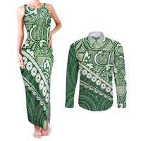 Green Bula Fiji Couples Matching Tank Maxi Dress and Long Sleeve Button Shirt Fijian Language Week Tapa Cloth - Pastel LT14 Green - Polynesian Pride
