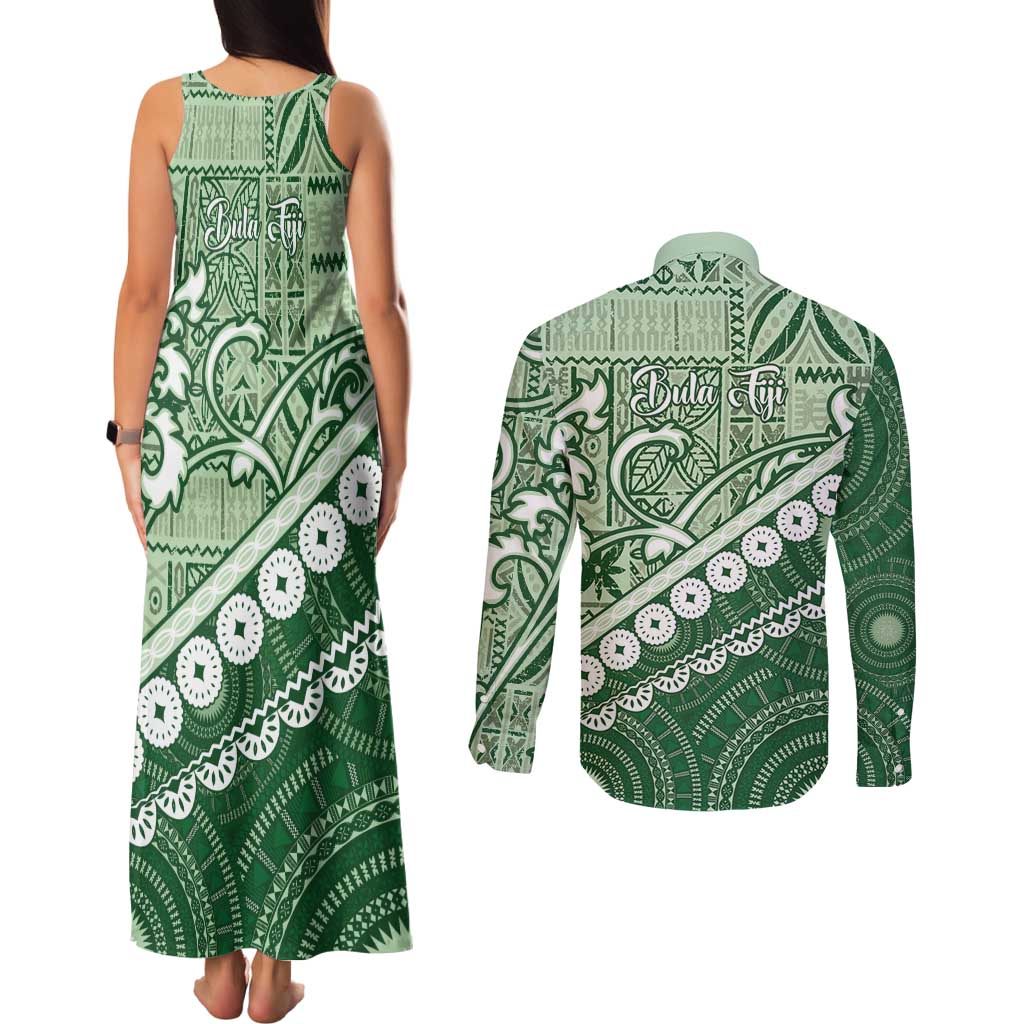 Green Bula Fiji Couples Matching Tank Maxi Dress and Long Sleeve Button Shirt Fijian Language Week Tapa Cloth - Pastel LT14 - Polynesian Pride