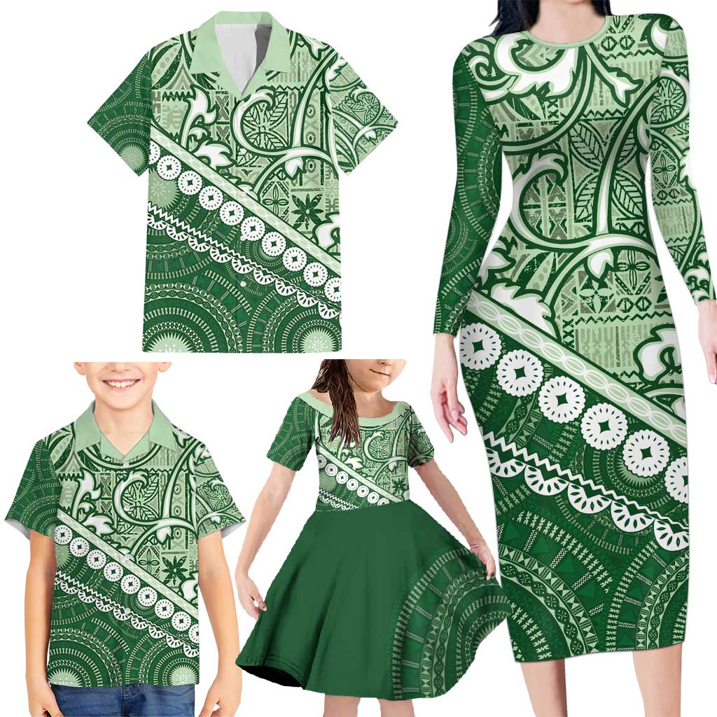 Green Bula Fiji Family Matching Long Sleeve Bodycon Dress and Hawaiian Shirt Fijian Language Week Tapa Cloth - Pastel LT14 - Polynesian Pride