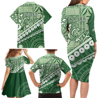 Green Bula Fiji Family Matching Long Sleeve Bodycon Dress and Hawaiian Shirt Fijian Language Week Tapa Cloth - Pastel LT14 - Polynesian Pride