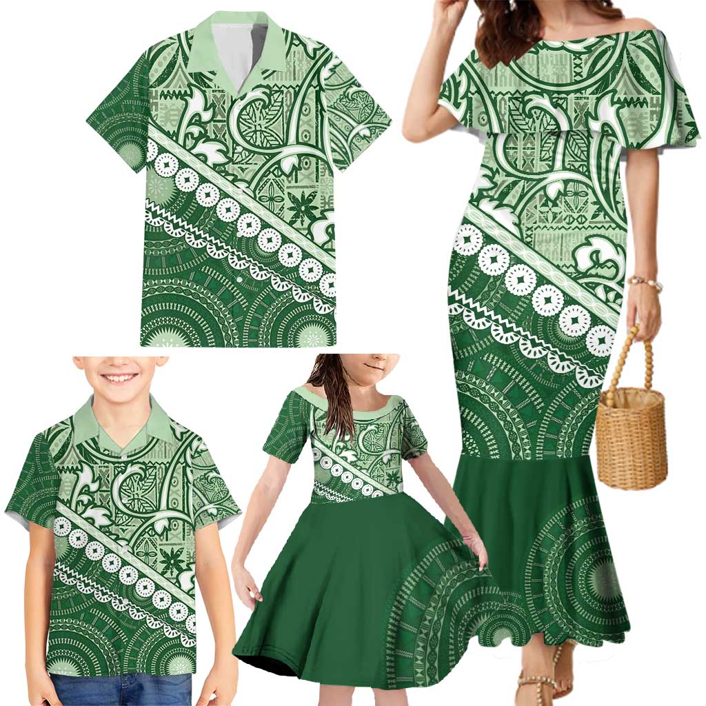 Green Bula Fiji Family Matching Mermaid Dress and Hawaiian Shirt Fijian Language Week Tapa Cloth - Pastel LT14 - Polynesian Pride