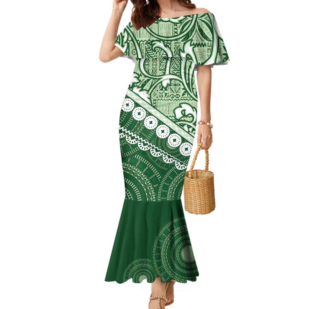 Green Bula Fiji Family Matching Mermaid Dress and Hawaiian Shirt Fijian Language Week Tapa Cloth - Pastel LT14 Mom's Dress Green - Polynesian Pride