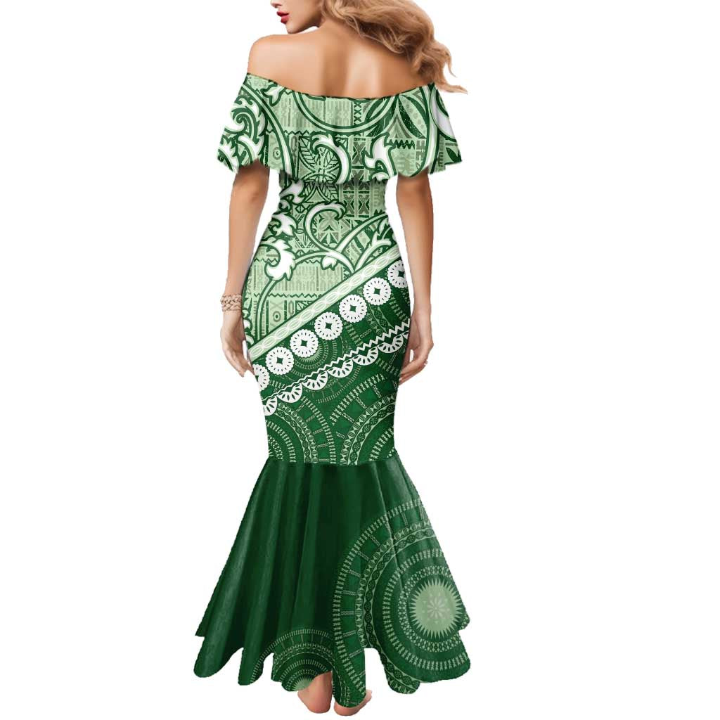 Green Bula Fiji Family Matching Mermaid Dress and Hawaiian Shirt Fijian Language Week Tapa Cloth - Pastel LT14 - Polynesian Pride