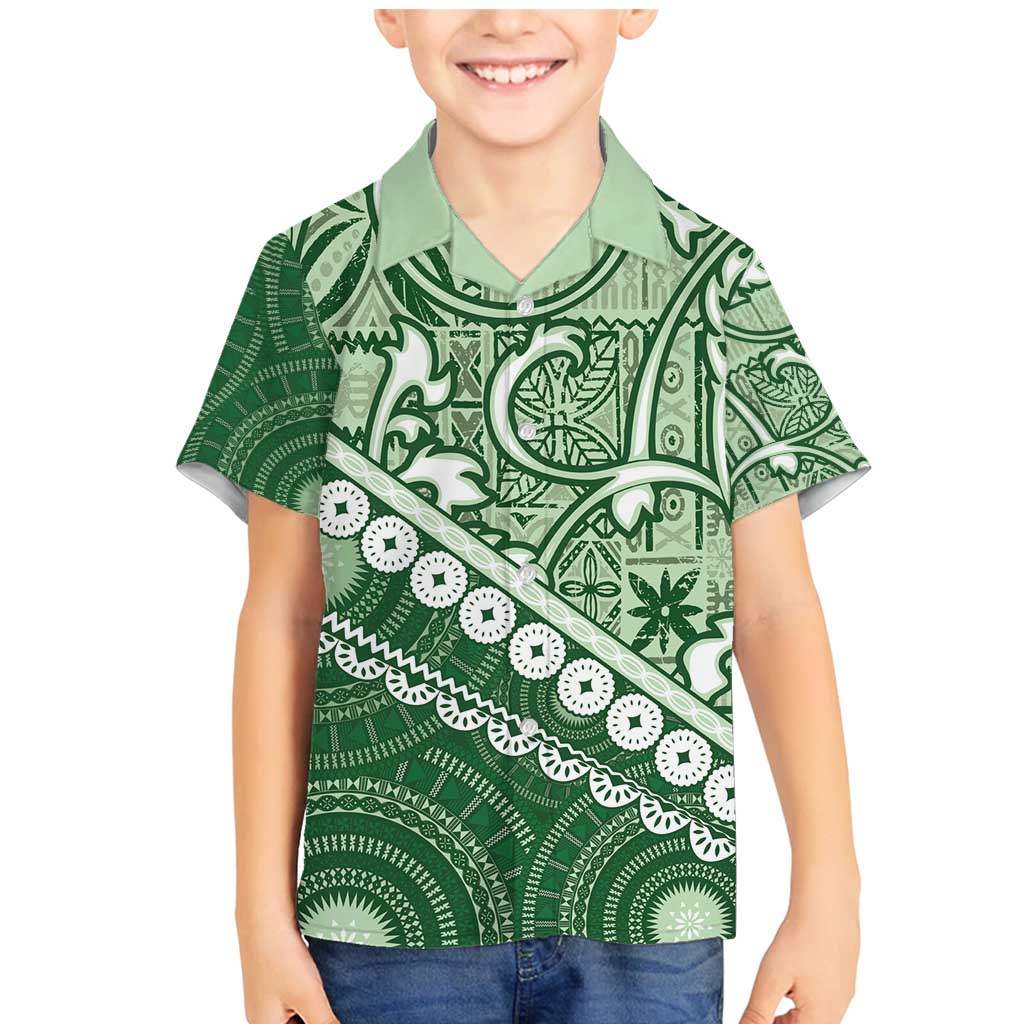 Green Bula Fiji Family Matching Mermaid Dress and Hawaiian Shirt Fijian Language Week Tapa Cloth - Pastel LT14 Son's Shirt Green - Polynesian Pride