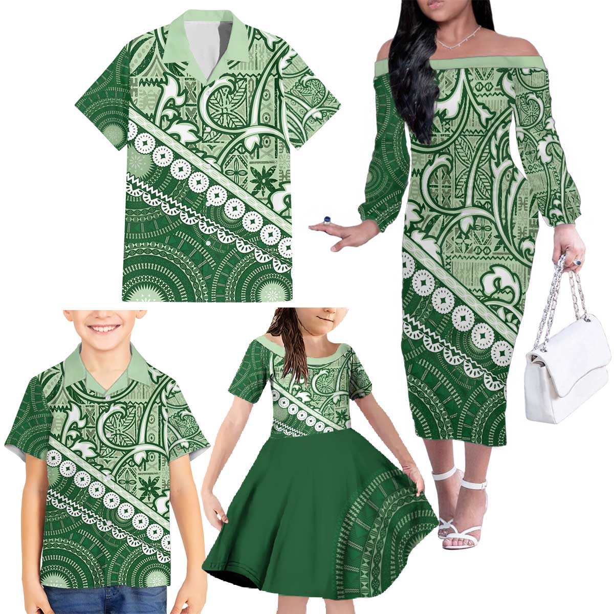 Green Bula Fiji Family Matching Off The Shoulder Long Sleeve Dress and Hawaiian Shirt Fijian Language Week Tapa Cloth - Pastel LT14 - Polynesian Pride
