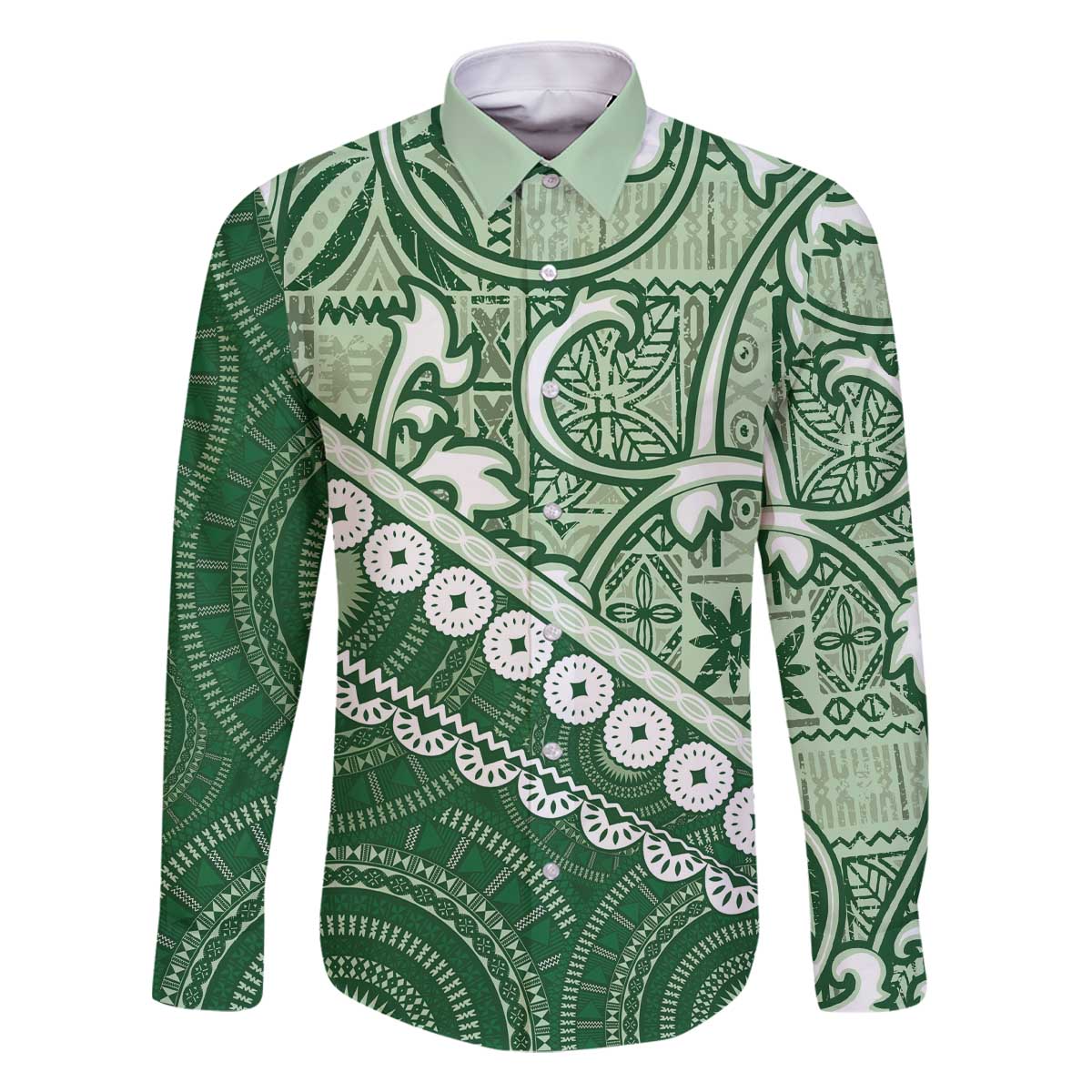 Green Bula Fiji Family Matching Off The Shoulder Long Sleeve Dress and Hawaiian Shirt Fijian Language Week Tapa Cloth - Pastel LT14 Dad's Shirt - Long Sleeve Green - Polynesian Pride