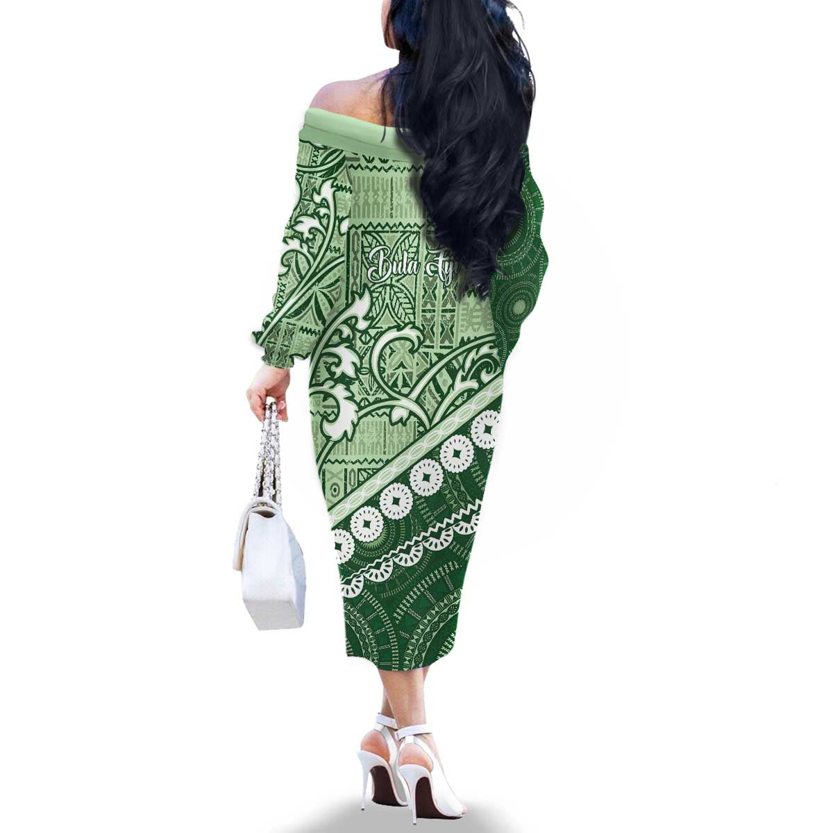 Green Bula Fiji Family Matching Off The Shoulder Long Sleeve Dress and Hawaiian Shirt Fijian Language Week Tapa Cloth - Pastel LT14 - Polynesian Pride