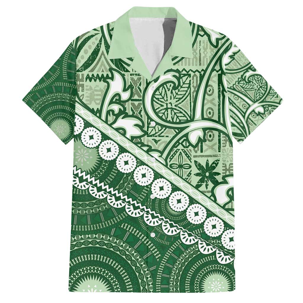 Green Bula Fiji Family Matching Off Shoulder Maxi Dress and Hawaiian Shirt Fijian Language Week Tapa Cloth - Pastel LT14 Dad's Shirt - Short Sleeve Green - Polynesian Pride