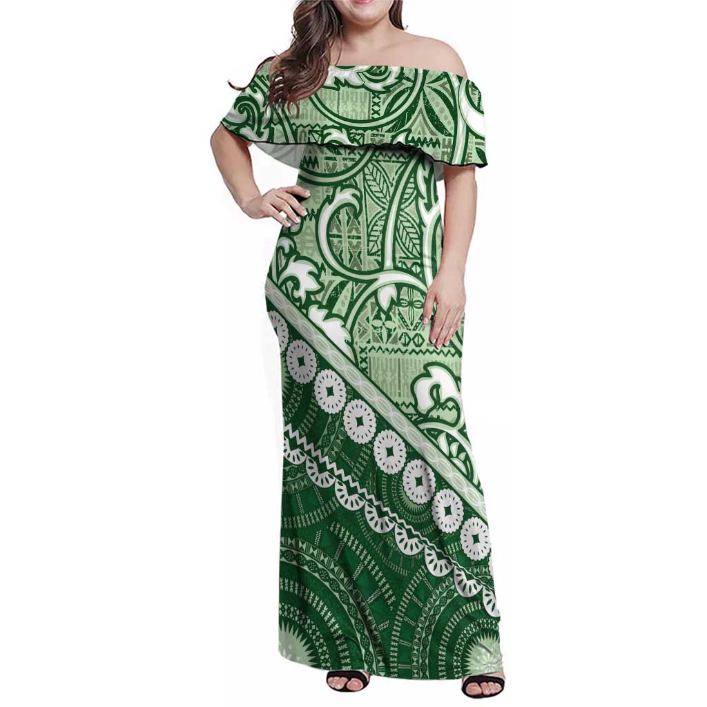 Green Bula Fiji Family Matching Off Shoulder Maxi Dress and Hawaiian Shirt Fijian Language Week Tapa Cloth - Pastel LT14 Mom's Dress Green - Polynesian Pride