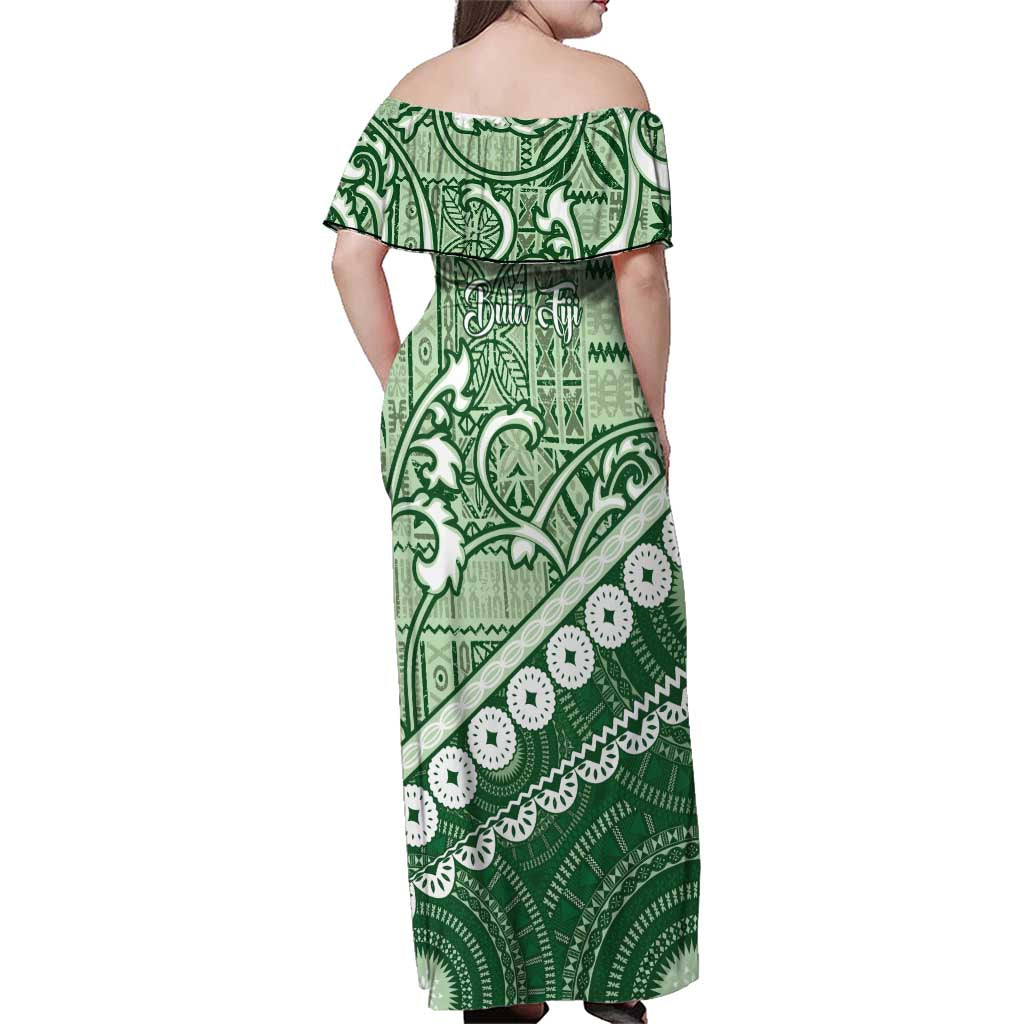 Green Bula Fiji Family Matching Off Shoulder Maxi Dress and Hawaiian Shirt Fijian Language Week Tapa Cloth - Pastel LT14 - Polynesian Pride