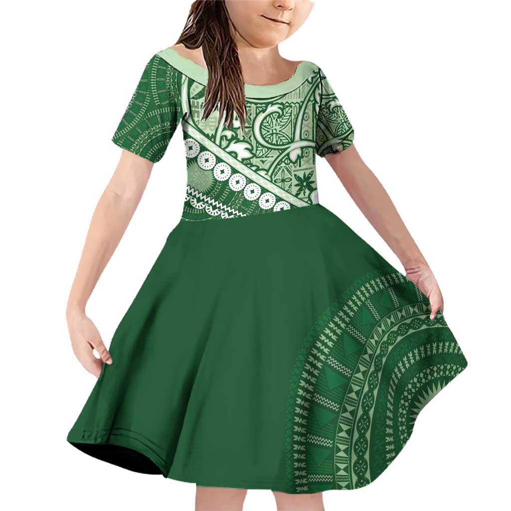 Green Bula Fiji Family Matching Off Shoulder Short Dress and Hawaiian Shirt Fijian Language Week Tapa Cloth - Pastel LT14 Daughter's Dress Green - Polynesian Pride