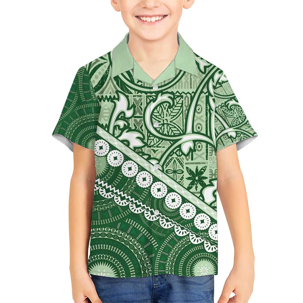 Green Bula Fiji Family Matching Short Sleeve Bodycon Dress and Hawaiian Shirt Fijian Language Week Tapa Cloth - Pastel LT14 Son's Shirt Green - Polynesian Pride