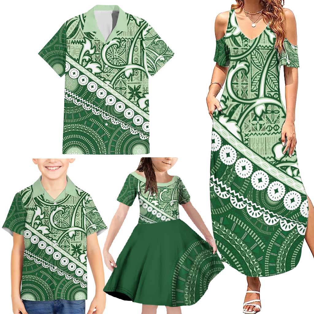 Green Bula Fiji Family Matching Summer Maxi Dress and Hawaiian Shirt Fijian Language Week Tapa Cloth - Pastel LT14 - Polynesian Pride