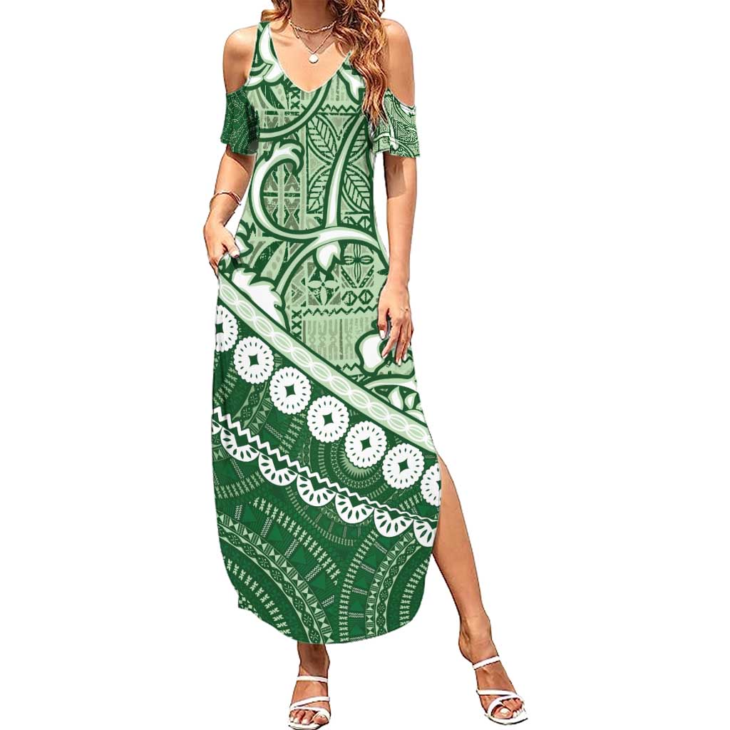 Green Bula Fiji Family Matching Summer Maxi Dress and Hawaiian Shirt Fijian Language Week Tapa Cloth - Pastel LT14 Mom's Dress Green - Polynesian Pride