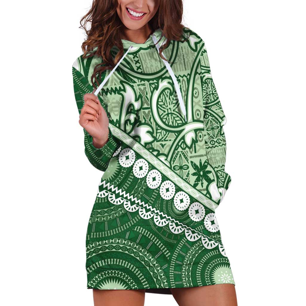 Green Bula Fiji Hoodie Dress Fijian Language Week Tapa Cloth - Pastel LT14 Green - Polynesian Pride