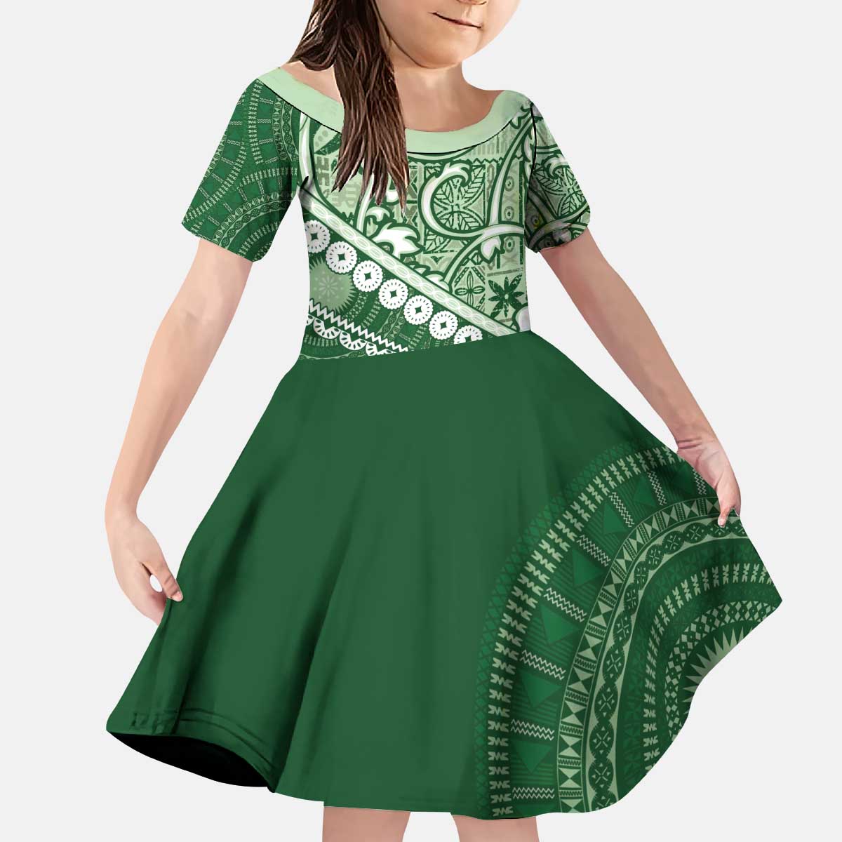 Green Bula Fiji Kid Short Sleeve Dress Fijian Language Week Tapa Cloth - Pastel LT14 KID Green - Polynesian Pride