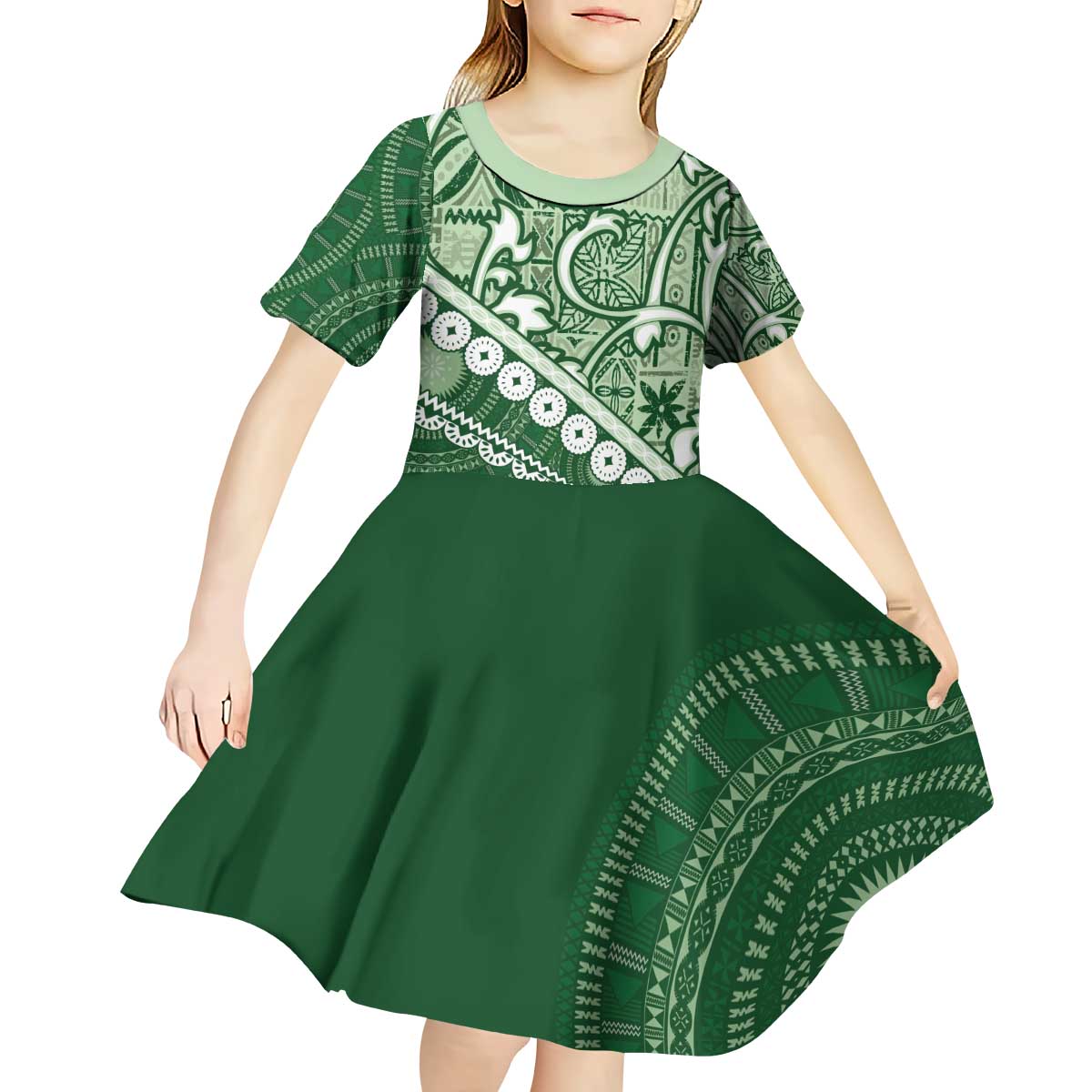 Green Bula Fiji Kid Short Sleeve Dress Fijian Language Week Tapa Cloth - Pastel LT14 - Polynesian Pride