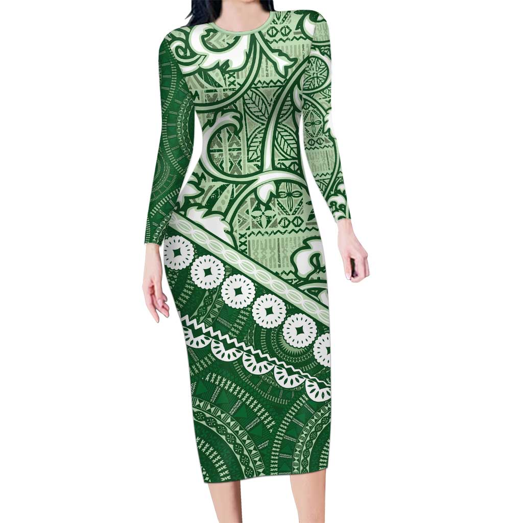 Green Bula Fiji Long Sleeve Bodycon Dress Fijian Language Week Tapa Cloth - Pastel LT14 Long Dress Green - Polynesian Pride