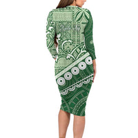 Green Bula Fiji Long Sleeve Bodycon Dress Fijian Language Week Tapa Cloth - Pastel LT14 - Polynesian Pride