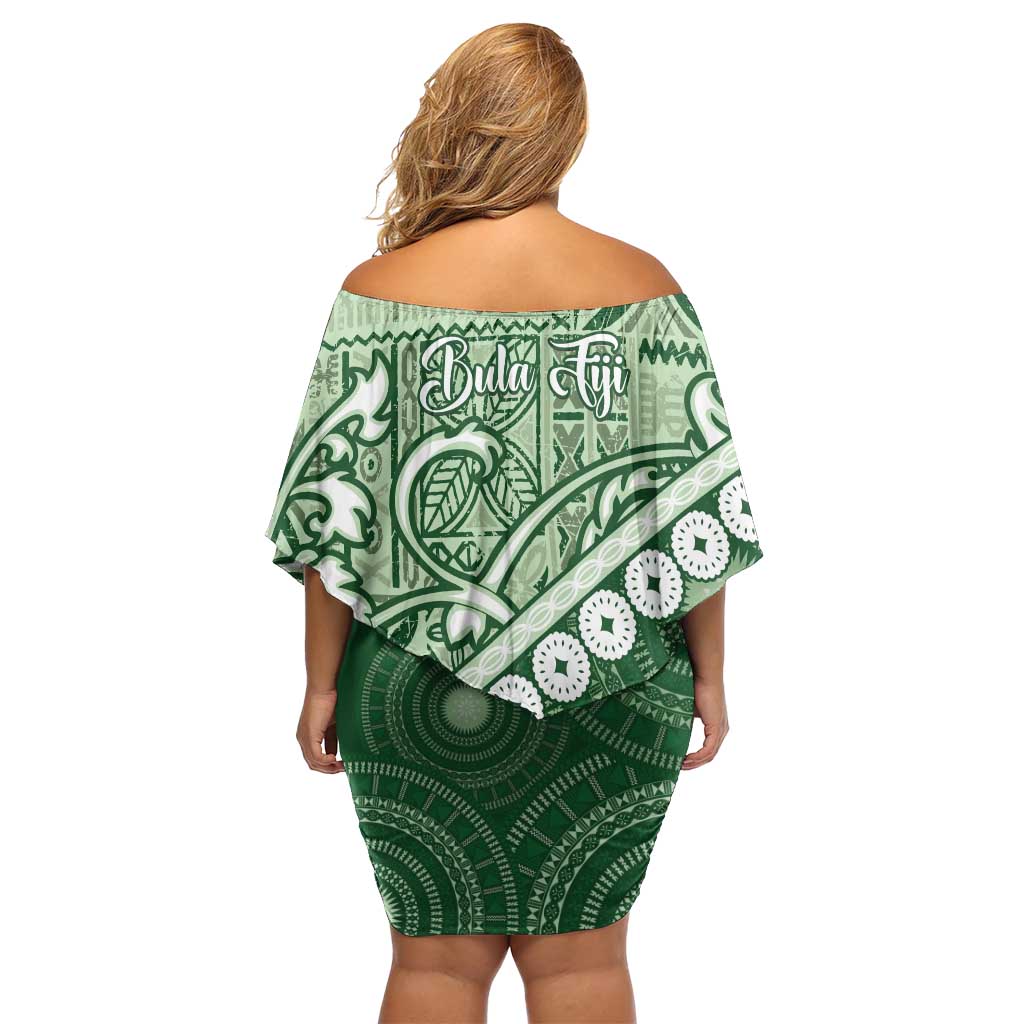 Green Bula Fiji Off Shoulder Short Dress Fijian Language Week Tapa Cloth - Pastel