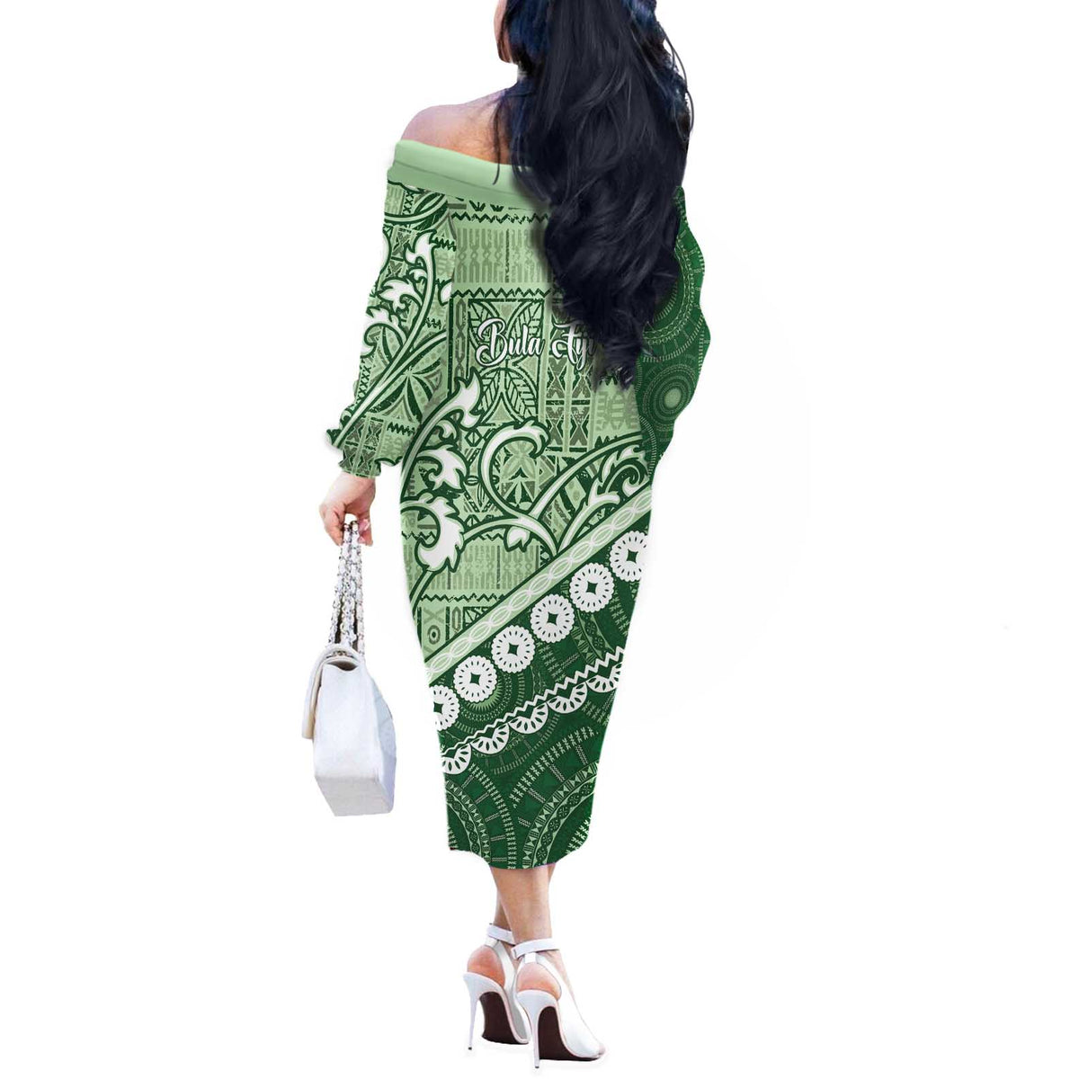 Green Bula Fiji Off The Shoulder Long Sleeve Dress Fijian Language Week Tapa Cloth - Pastel LT14 - Polynesian Pride
