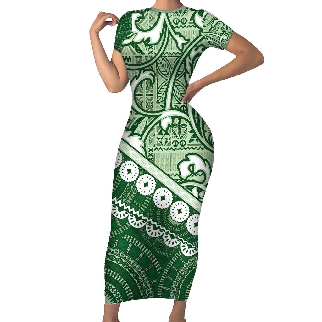 Green Bula Fiji Short Sleeve Bodycon Dress Fijian Language Week Tapa Cloth - Pastel LT14 Long Dress Green - Polynesian Pride
