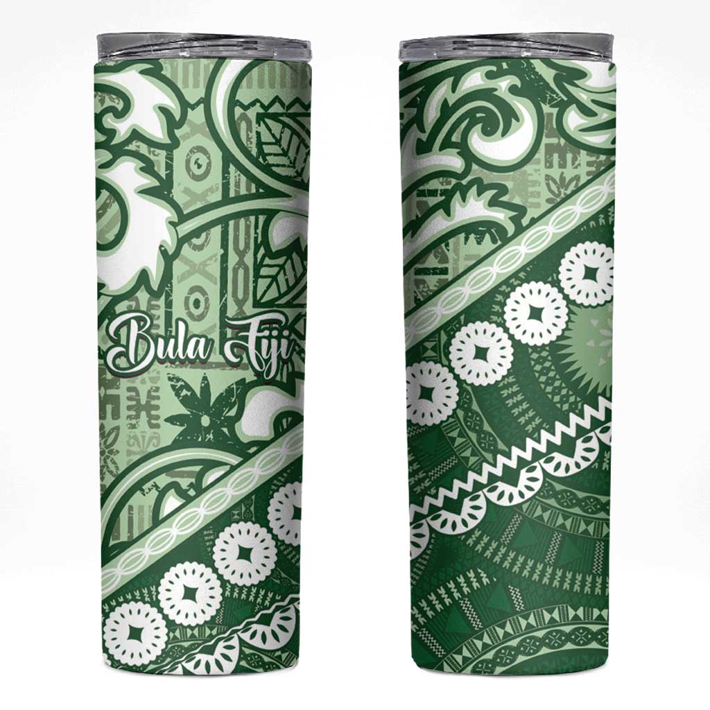 Green Bula Fiji Skinny Tumbler Fijian Language Week Tapa Cloth - Pastel LT14 Green - Polynesian Pride