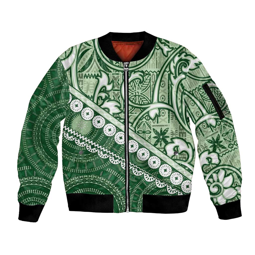 Green Bula Fiji Sleeve Zip Bomber Jacket Fijian Language Week Tapa Cloth - Pastel LT14 Unisex Green - Polynesian Pride