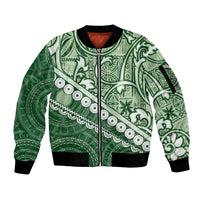 Green Bula Fiji Sleeve Zip Bomber Jacket Fijian Language Week Tapa Cloth - Pastel LT14 Unisex Green - Polynesian Pride