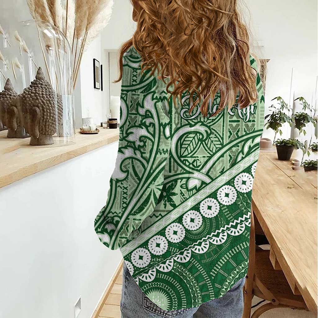 Green Bula Fiji Women Casual Shirt Fijian Language Week Tapa Cloth - Pastel LT14 - Polynesian Pride