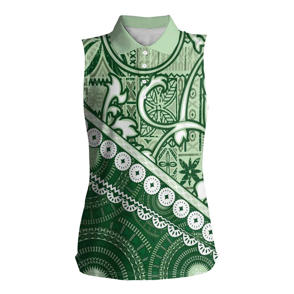 Green Bula Fiji Women Sleeveless Polo Shirt Fijian Language Week Tapa Cloth - Pastel LT14 Female Green - Polynesian Pride