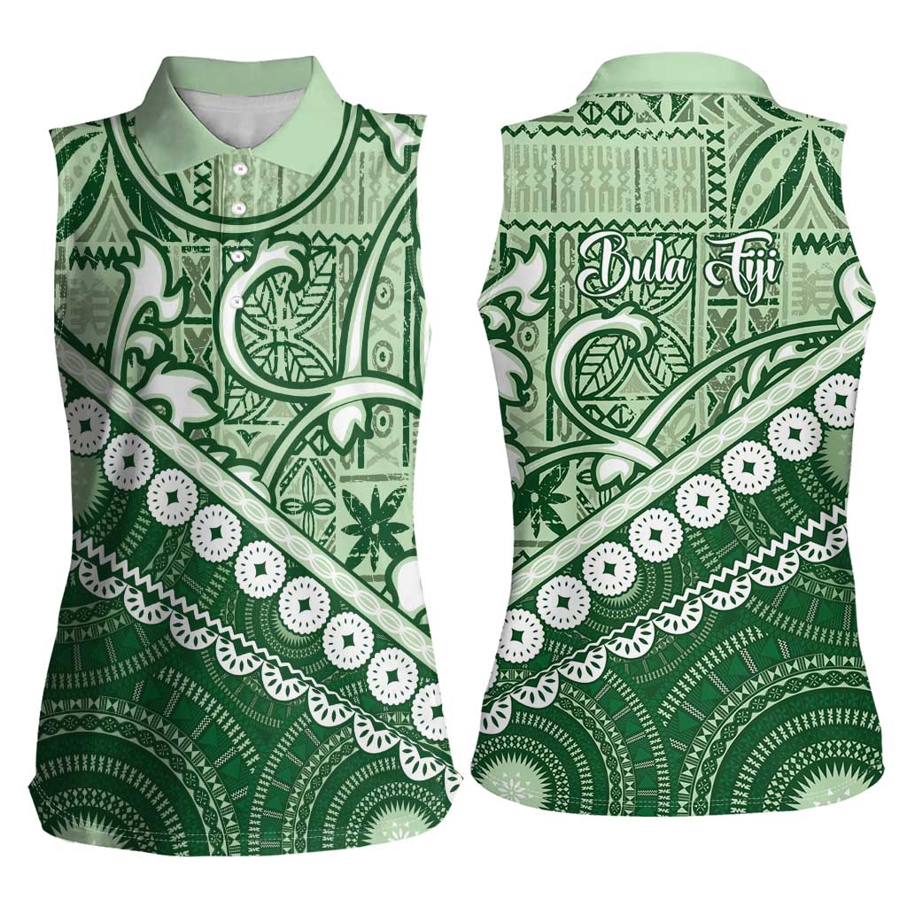 Green Bula Fiji Women Sleeveless Polo Shirt Fijian Language Week Tapa Cloth - Pastel LT14 - Polynesian Pride