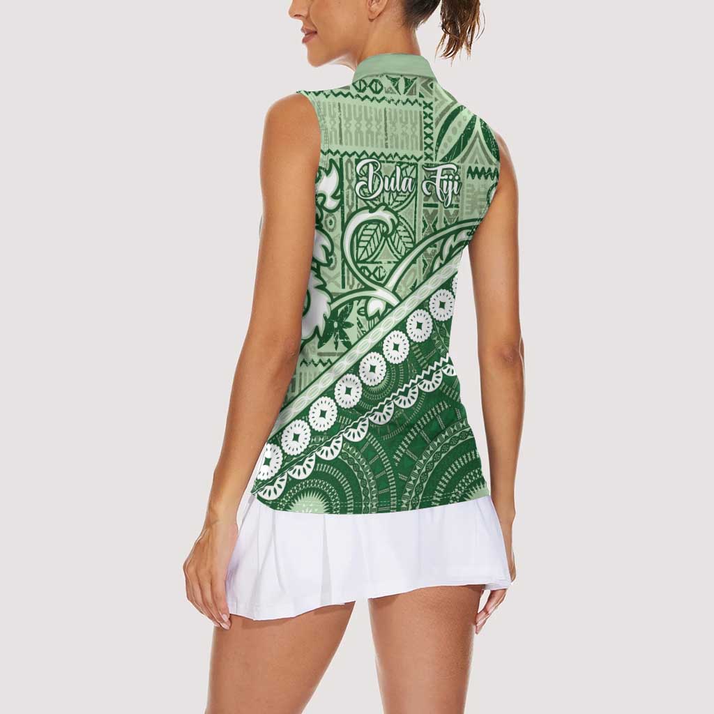 Green Bula Fiji Women Sleeveless Polo Shirt Fijian Language Week Tapa Cloth - Pastel LT14 - Polynesian Pride