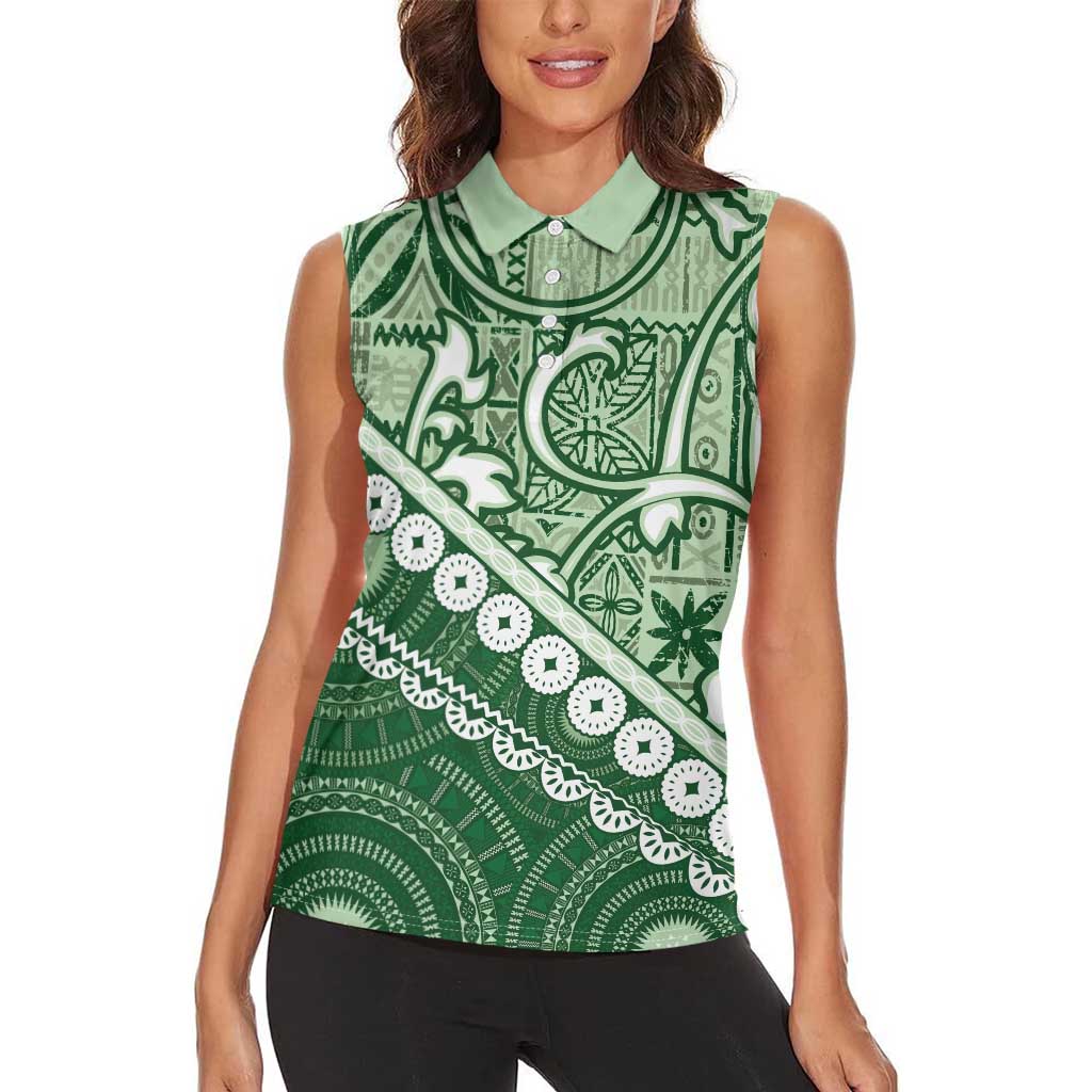 Green Bula Fiji Women Sleeveless Polo Shirt Fijian Language Week Tapa Cloth - Pastel LT14 - Polynesian Pride