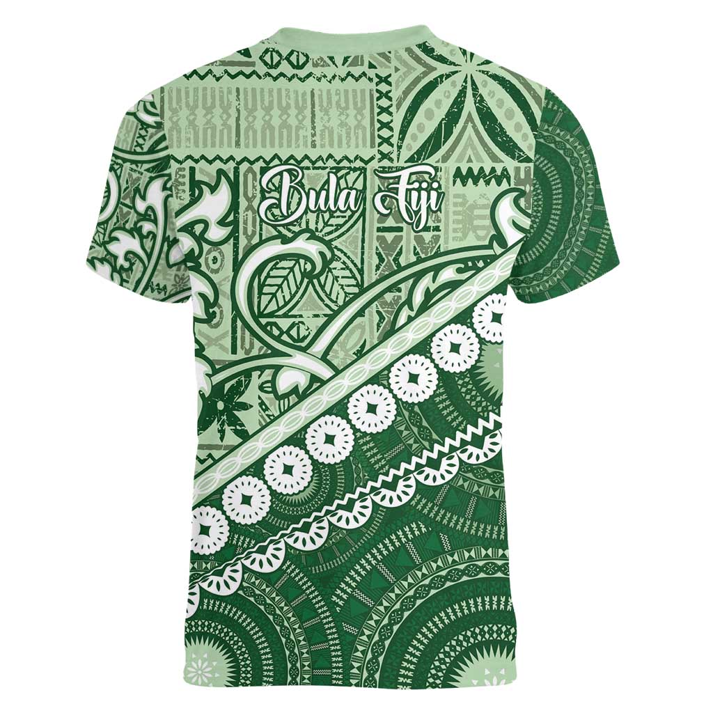 Green Bula Fiji Women V-Neck T-Shirt Fijian Language Week Tapa Cloth - Pastel LT14 - Polynesian Pride