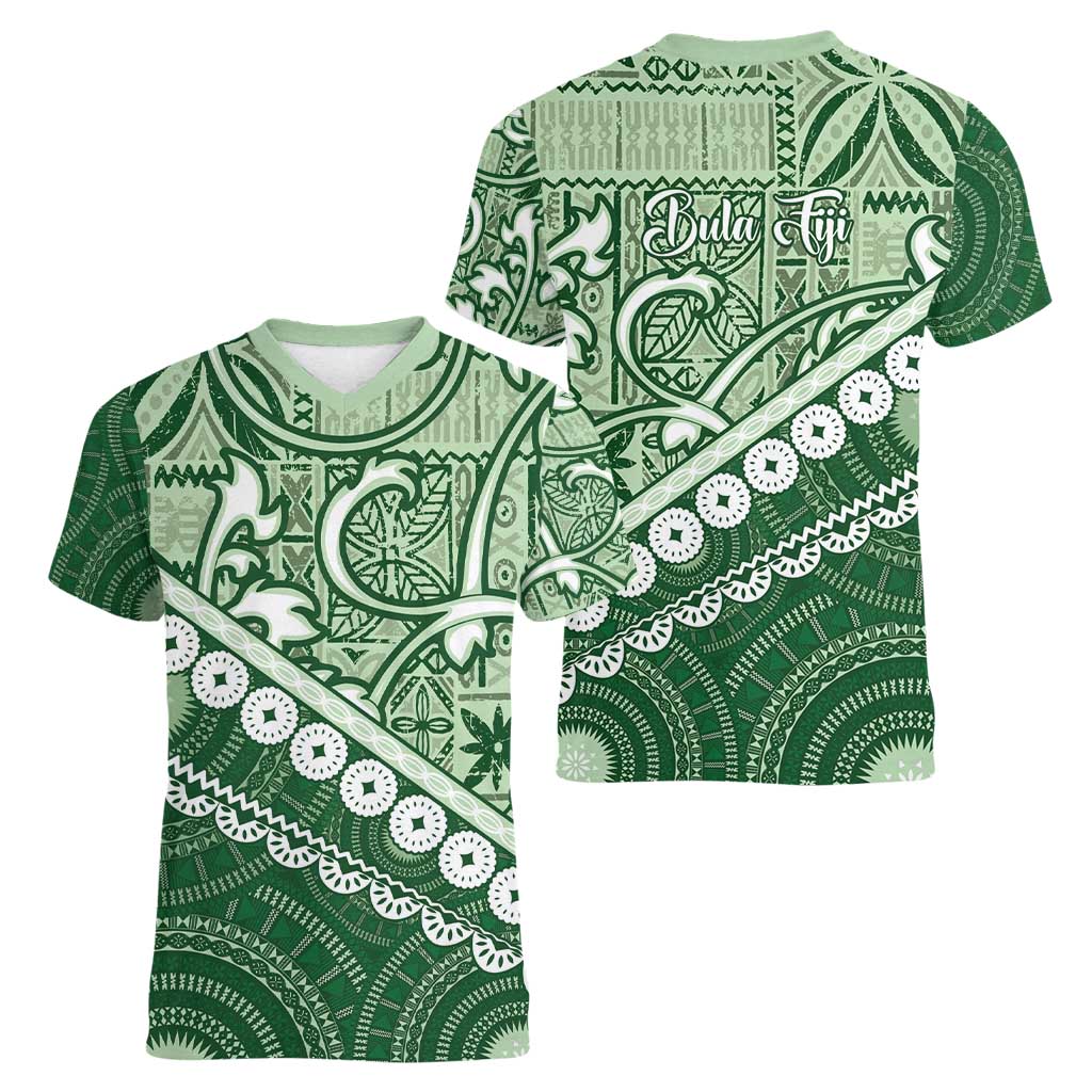 Green Bula Fiji Women V-Neck T-Shirt Fijian Language Week Tapa Cloth - Pastel LT14 - Polynesian Pride