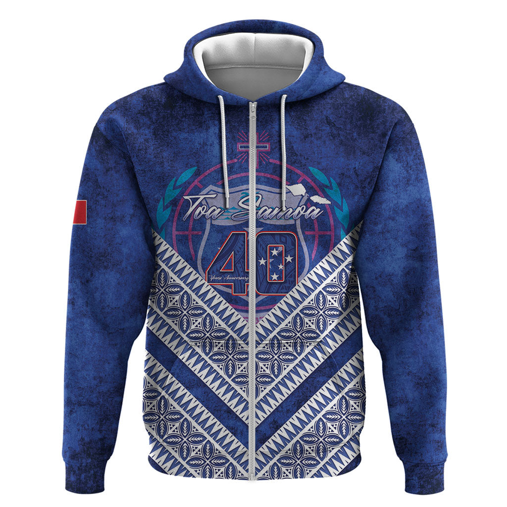 Toa Samoa Rugby Custom Hoodie 40th Anniversary Samoan Siapo Pattern LT14 Zip Hoodie Blue - Polynesian Pride