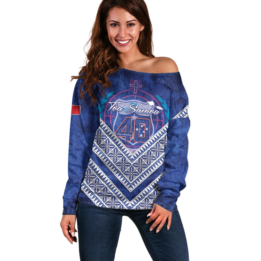 Toa Samoa Rugby Custom Off Shoulder Sweater 40th Anniversary Samoan Siapo Pattern LT14 Women Blue - Polynesian Pride