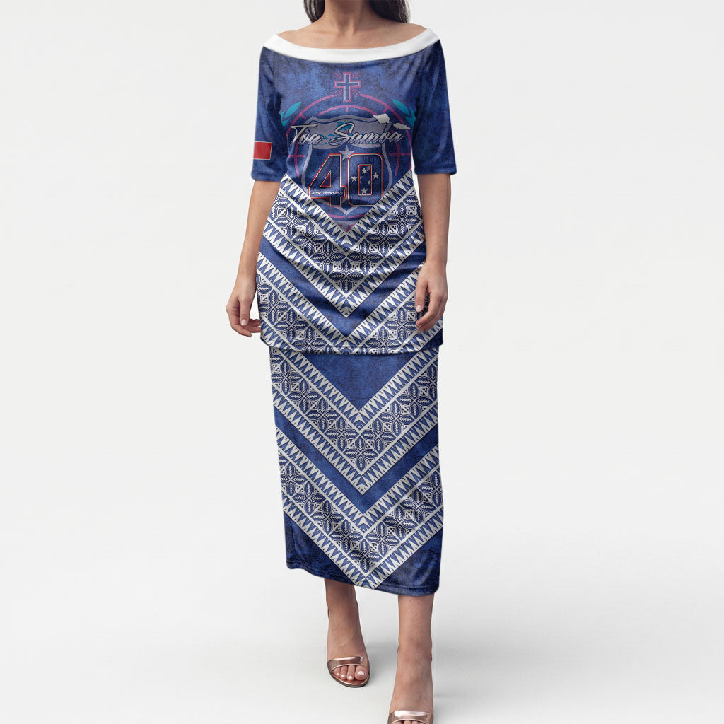 Toa Samoa Rugby Custom Puletasi 40th Anniversary Samoan Siapo Pattern LT14 Long Dress Blue - Polynesian Pride