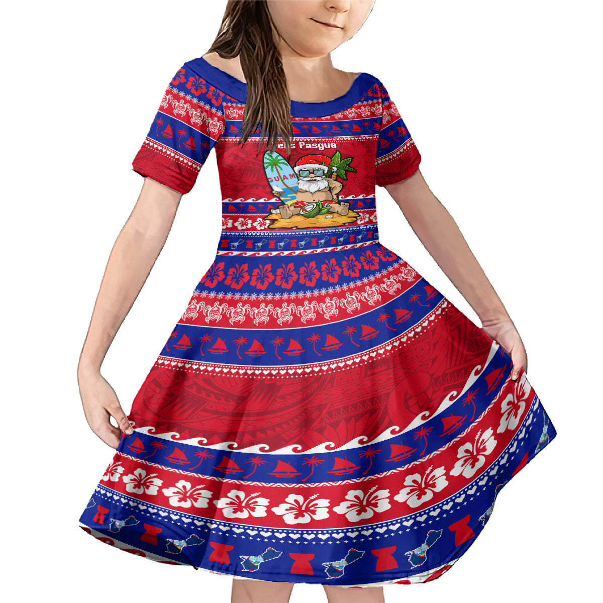Custom Guam Christmas Family Matching Mermaid Dress and Hawaiian Shirt Guaman Santas Felis Pasgua LT14 Daughter's Dress Blue - Polynesian Pride