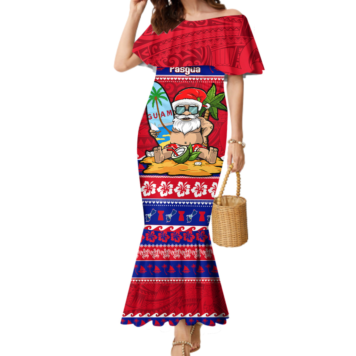 Custom Guam Christmas Family Matching Mermaid Dress and Hawaiian Shirt Guaman Santas Felis Pasgua LT14 Mom's Dress Blue - Polynesian Pride