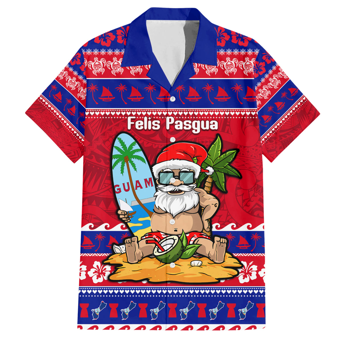 Custom Guam Christmas Family Matching Short Sleeve Bodycon Dress and Hawaiian Shirt Guaman Santas Felis Pasgua LT14 Dad's Shirt - Short Sleeve Blue - Polynesian Pride
