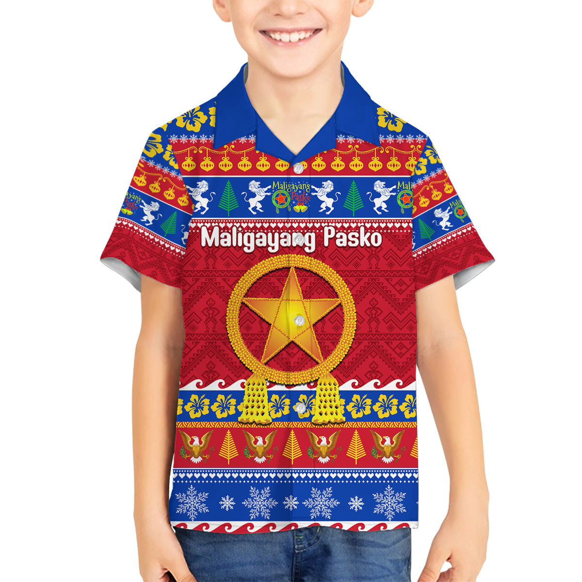 Custom Philippines Christmas Family Matching Puletasi Dress and Hawaiian Shirt Filipino Parol Maligayang Pasko LT14 Son's Shirt Blue - Polynesian Pride